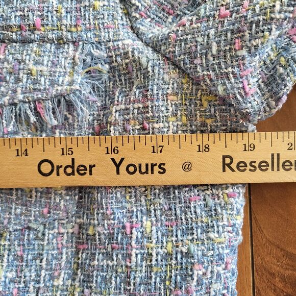 Womens Tweed Button Front Jacket Coat Blue Multi Fringe Trim Textured Chic Sm-M - Picture 6 of 10